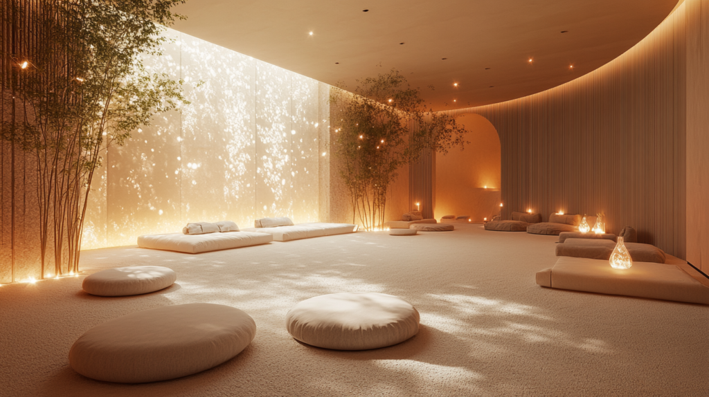 Espace de bien-être avec des zones de détente et des activités comme le yoga.
