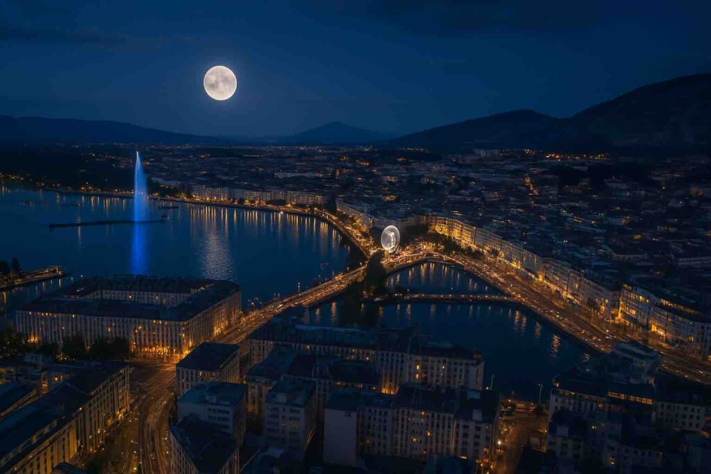 Vue aérienne de Genève de nuit avec la Jet d’Eau illuminée et la ville en lumière, illustrant les services d’une agence événementielle à Genève.