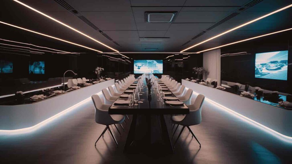 Salle de réunion haut de gamme à Genève, préparée pour un événement professionnel organisé par une agence événementielle spécialisée.